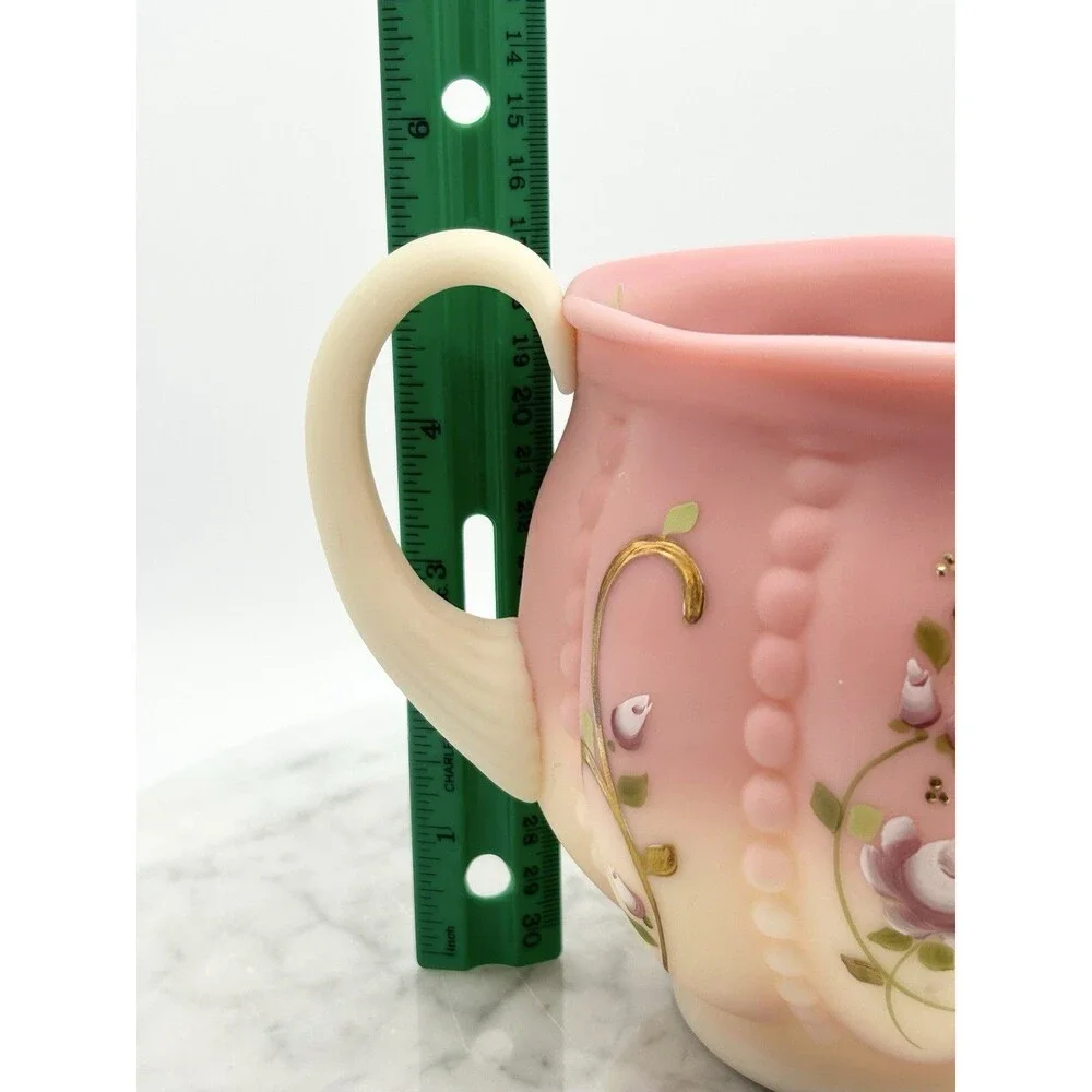 Vintage Fenton Uranium Glass Pitcher Burmese Hand Blown Beaded Melon Signed Vase